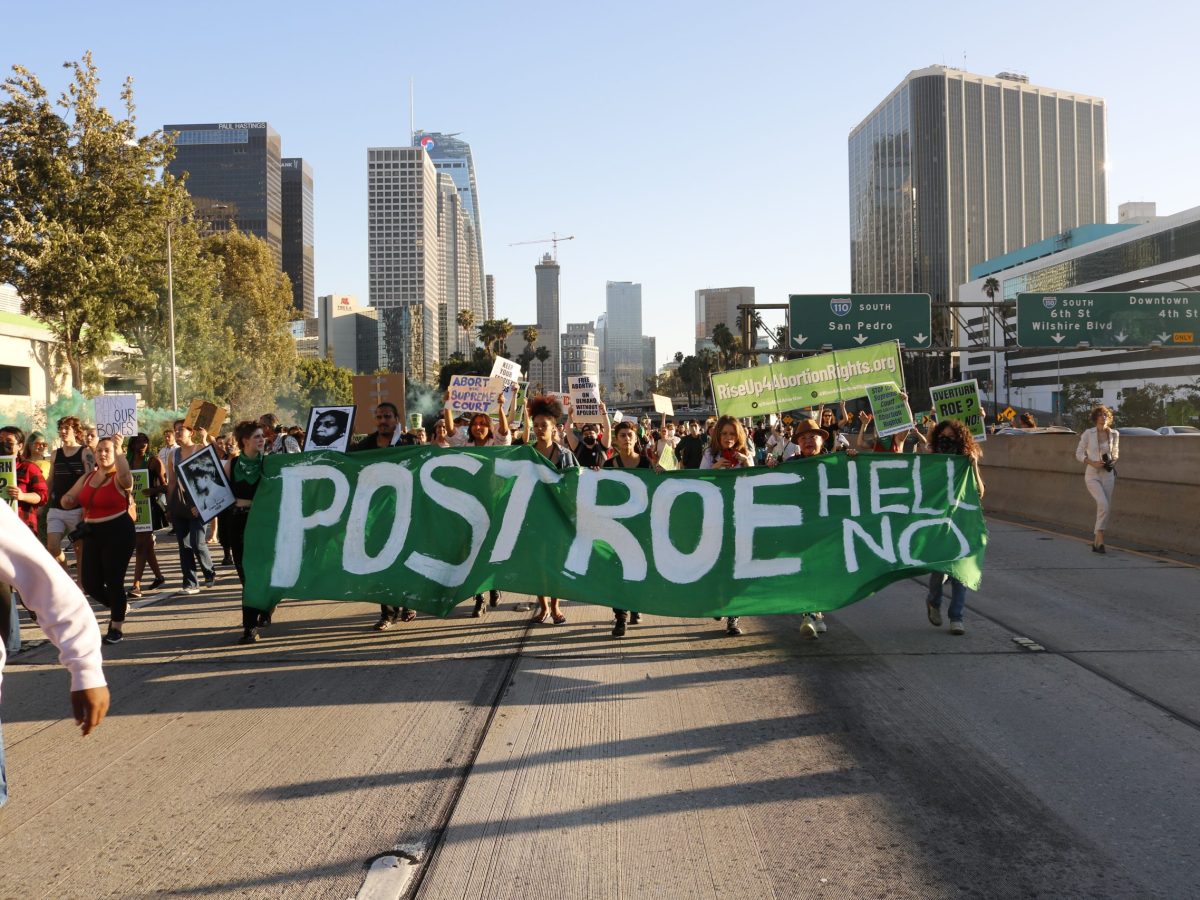 Protesters gather in Downtown Los Angeles on June 25, 2022, a day after the Supreme Court overturned Roe v. Wade.